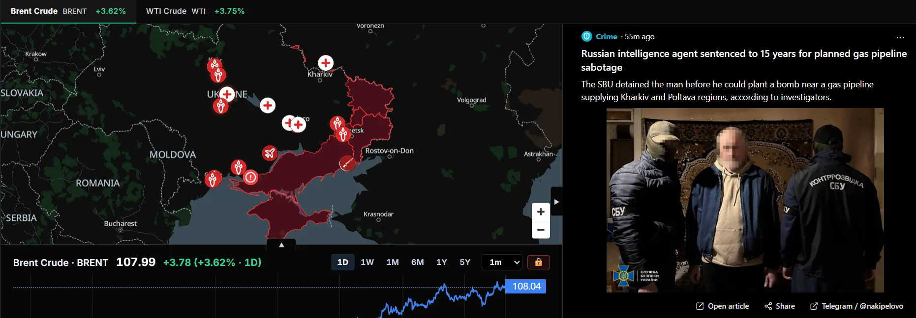CarveMap terminal: live map, Brent chart, and geolocated pulse feed